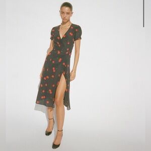Realisation Teale Wild Cherry Print Wrap Midi Silk Dress Small